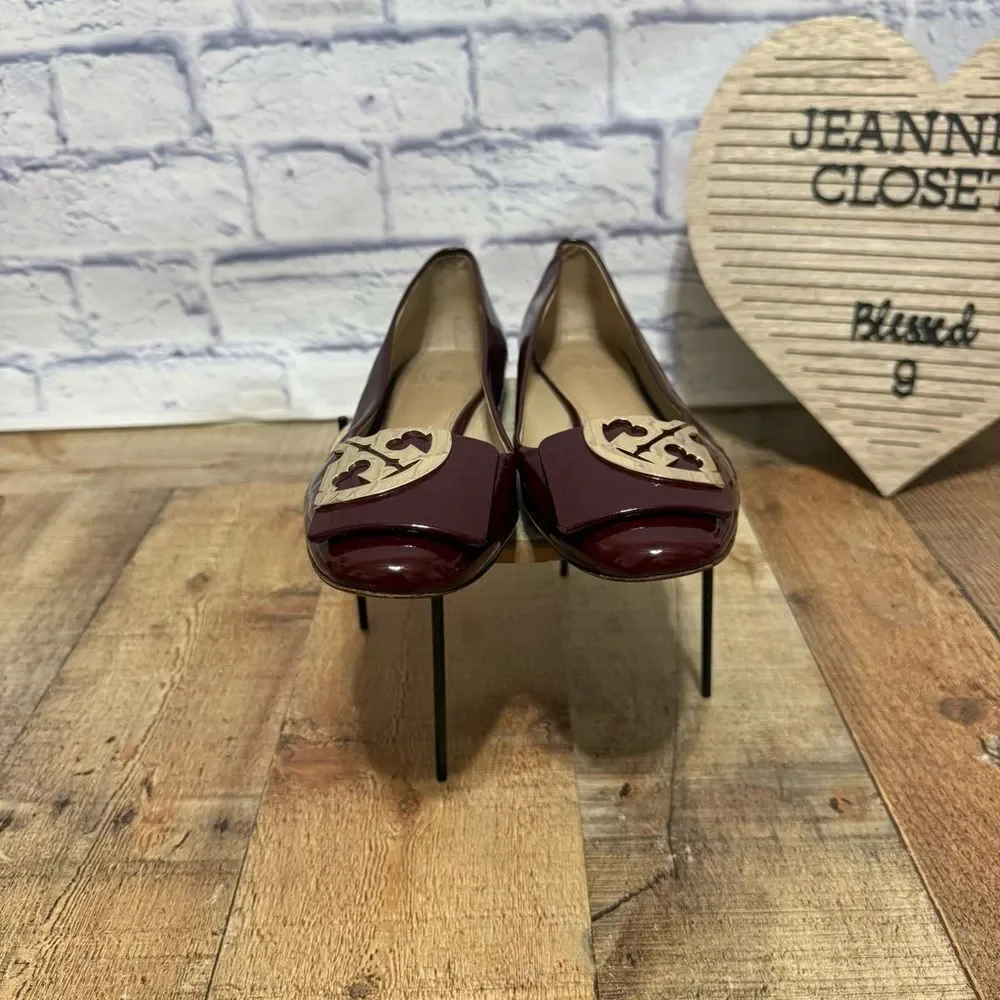 Tory Burch Size 8.5 Square toe Logo Oxblood Soft Patent Leather Flats